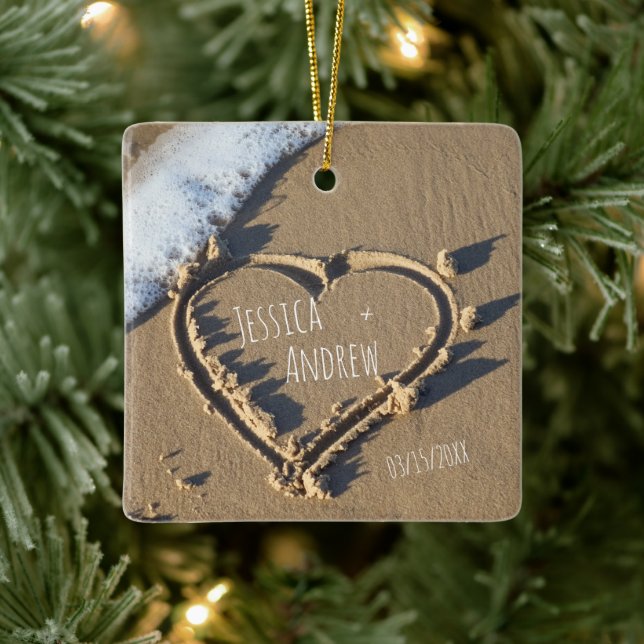Sandy Beach Personalized Names Heart in Sand Ceramic Ornament (Tree)