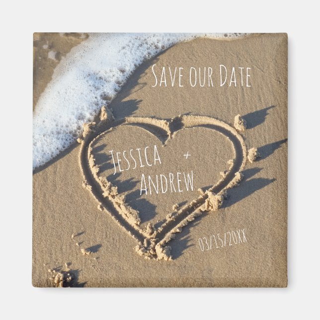 Sandy Beach Personalized Names Heart Save our Date Magnet (Front)