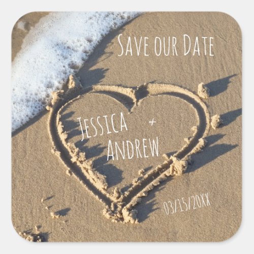 Sandy Beach Personalized Names Heart Save our Date Square Sticker