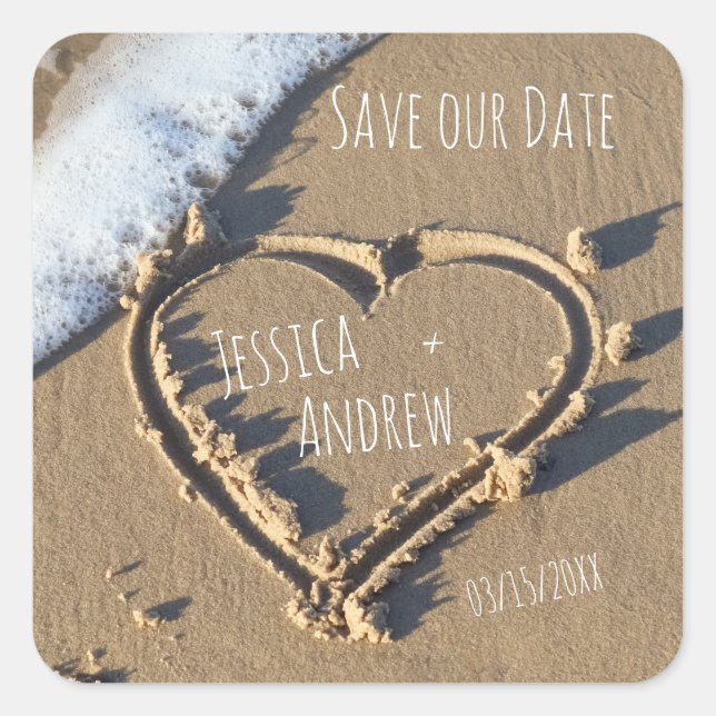 Sandy Beach Personalized Names Heart Save our Date Square Sticker (Front)