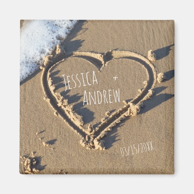 Sandy Beach Personalized Names Heart Save the Date Magnet (Front)