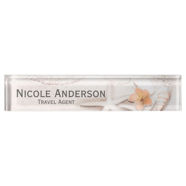Sandy Beach Sea Shells Hibiscus Personalized Desk Name Plate (Front)