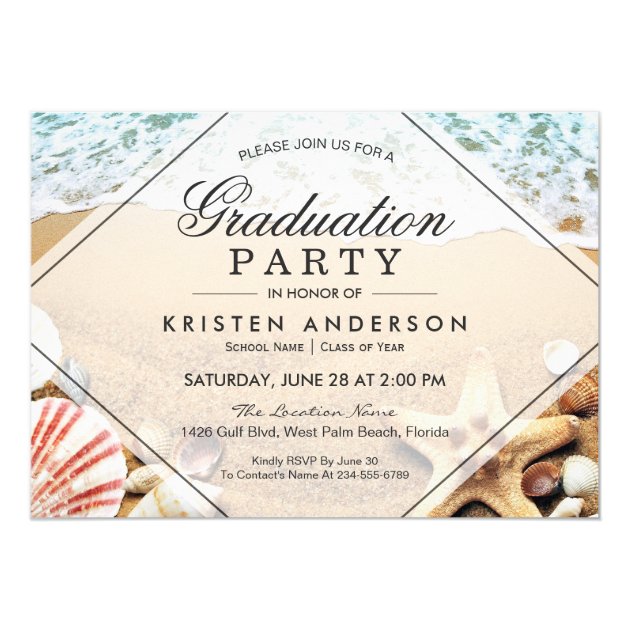Sandy Beach Starfish Seashell Graduation Party Card