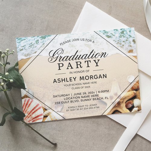 Sandy Beach Starfish Seashell Graduation Party Card