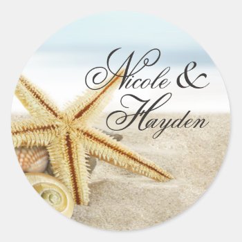 Sandy Beach Starfish Seashells Favor Classic Round Sticker by glamprettyweddings at Zazzle