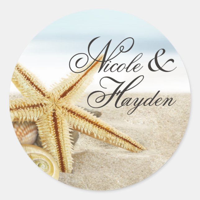 Sandy Beach Starfish Seashells Favor Classic Round Sticker (Front)