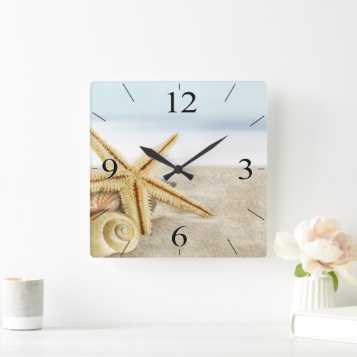 Sandy Beach Starfish Seashells Square Wall Clock | Zazzle