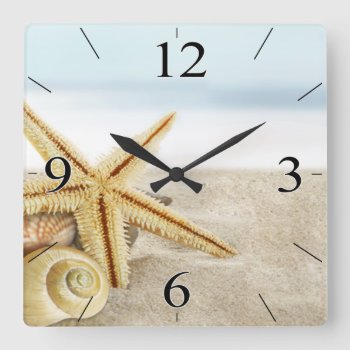 Sandy Beach Starfish Seashells Square Wall Clock by glamprettyweddings at Zazzle