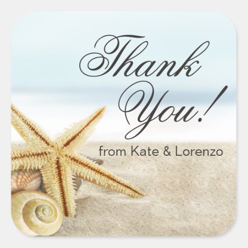 Sandy Beach Starfish Seashells Thank You Square Sticker