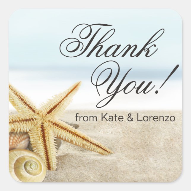 Sandy Beach Starfish Seashells Thank You Square Sticker (Front)