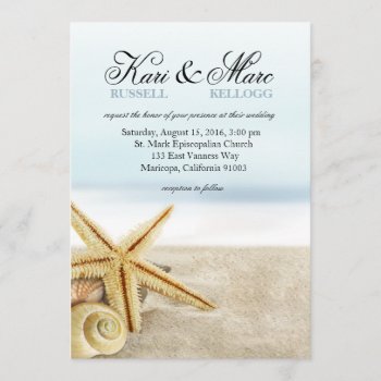 Sandy Beach Starfish Seashells Wedding Invitation by glamprettyweddings at Zazzle