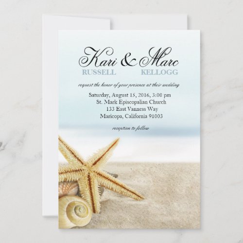 Sandy Beach Starfish Seashells Wedding Invitation