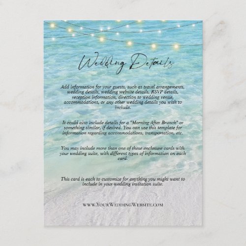 Sandy Beach String Lights Wedding Details Website Enclosure Card