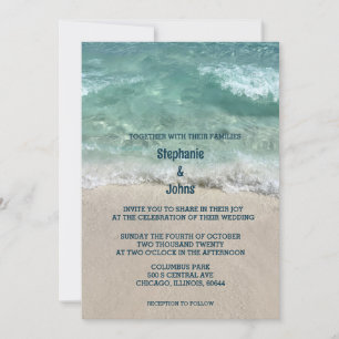 Sandy Beach Teal Turquoise Sea Ocean Waves Wedding Invitation