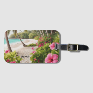 Sandy Beach Tropical Hawaii Pink Hibiscus Flowers Luggage Tag