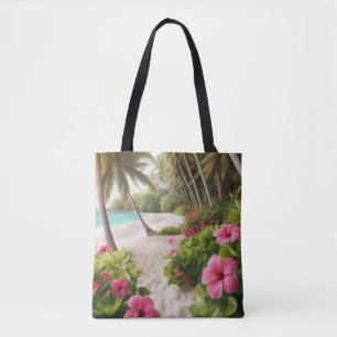 Sandy Beach Tropical Hot Pink Hibiscus Flowers Tote Bag