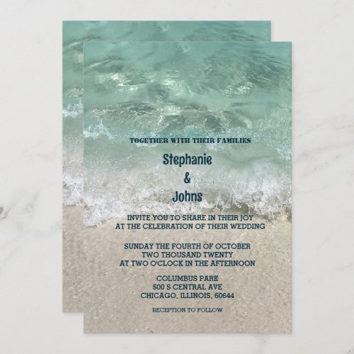 Sandy Beach Turquoise Teal Water Classy Wedding Invitation