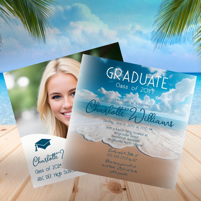 Sandy Beach Waves Graduate Photo Graduation Party Invitation (Beach "Graduate" Photo Graduation Party Invitation - Available in Print and/or Digital Download)
