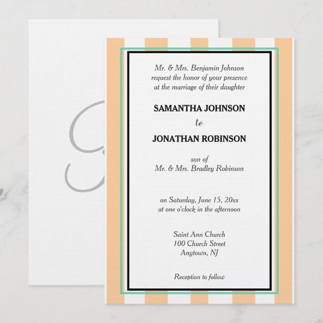 Sandy Beach White Green Cabana Stripes Monogram  Invitation (Front/Back)