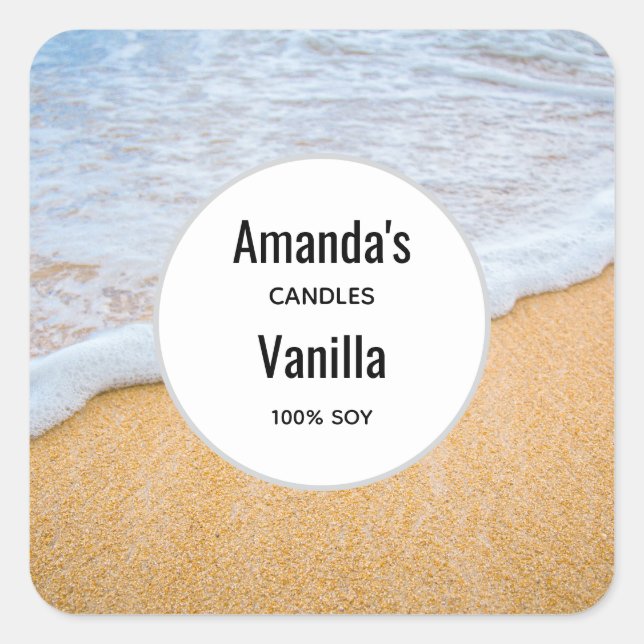 Sandy Beach with Foamy Surf Candle Business Square Sticker (Front)