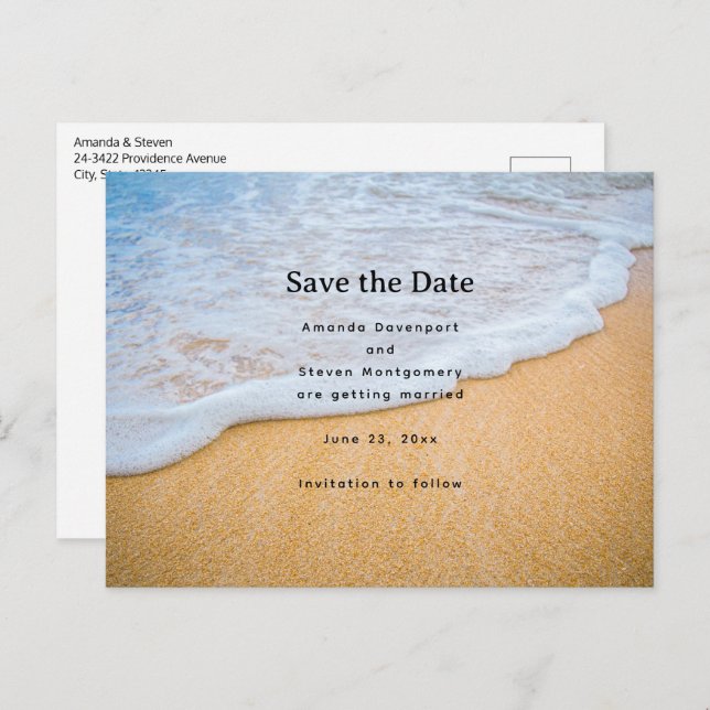 Sandy Beach with Foamy Surf Wedding Announcement Postcard (Front/Back)