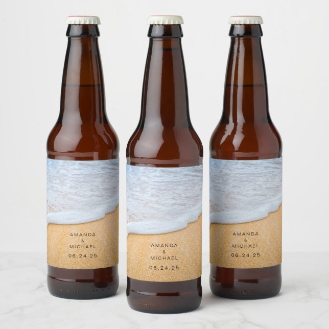 Sandy Beach with Foamy Surf Wedding Beer Bottle Label (Bottles)