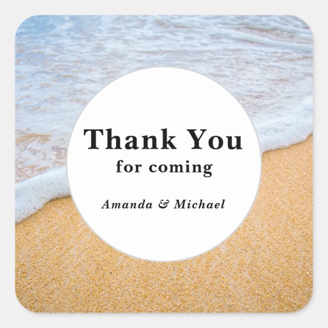 Sandy Beach with Foamy Surf Wedding Thank You Square Sticker (Front)