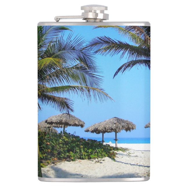 Sandy Beach With Palm Trees and An Ocean View Flask (Front)