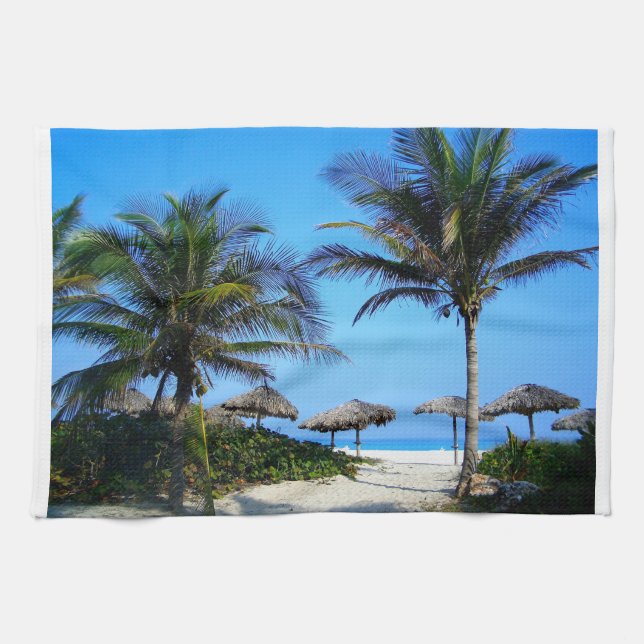 Sandy Beach With Palm Trees and An Ocean View Kitchen Towel (Horizontal)