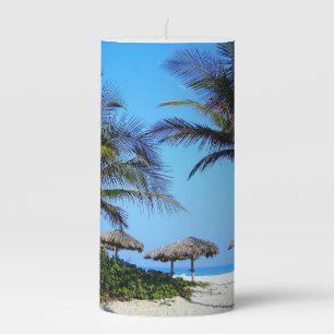 Sandy Beach With Palm Trees and An Ocean View Pillar Candle
