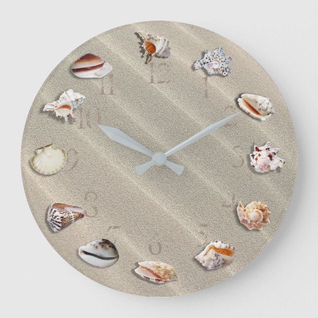 SANDY BEACH WITH SEASHELLS, ROUND WALL CLOCK (Front)