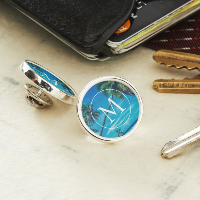 Sandy Beach with Tropical Palm Trees Monogram Lapel Pin (In Situ)