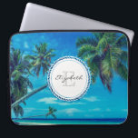 Sandy Beach with Tropical Palm Trees Monogram Laptop Sleeve<br><div class="desc">A monogrammed laptop sleeve with a nautical circle which holds your name and initial. Designed with a tropical themed photo featuring coconut palms stretching out across a secluded white sandy beach. Turquoise waters and an azure blue sky in the background.</div>
