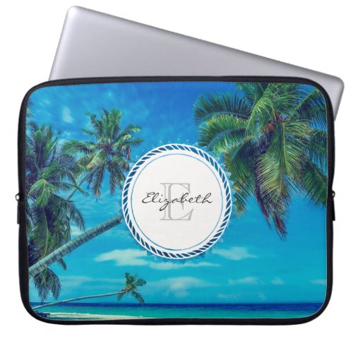 Sandy Beach with Tropical Palm Trees Monogram Laptop Sleeve