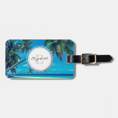 Sandy Beach with Tropical Palm Trees Monogram Luggage Tag