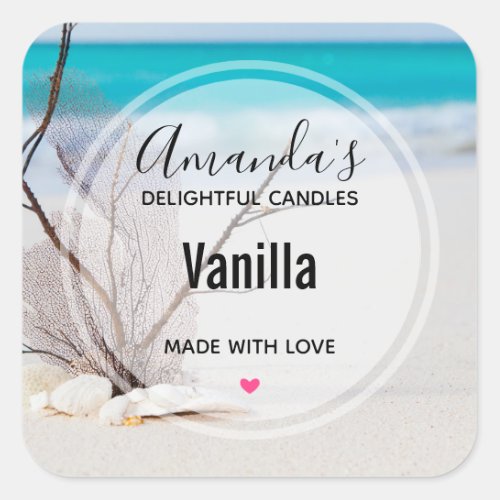 Sandy Beach with White Seashells Candle Business Square Sticker