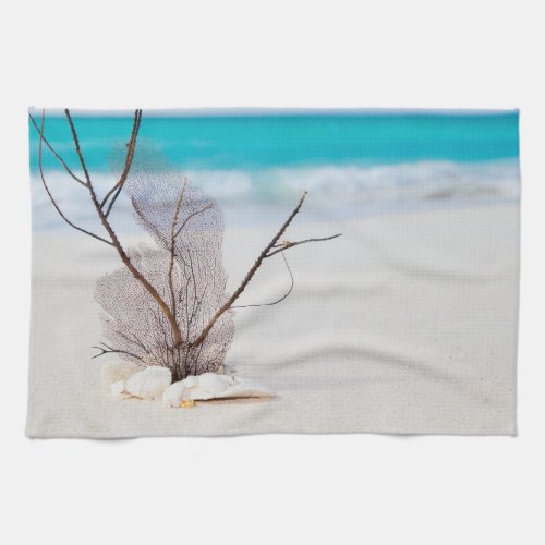Sandy Beach with White Seashells Kitchen Towel