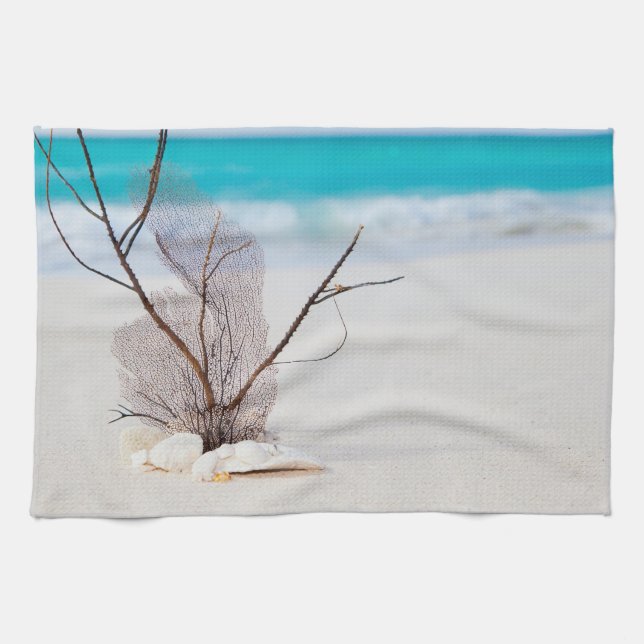 Sandy Beach with White Seashells Kitchen Towel (Horizontal)