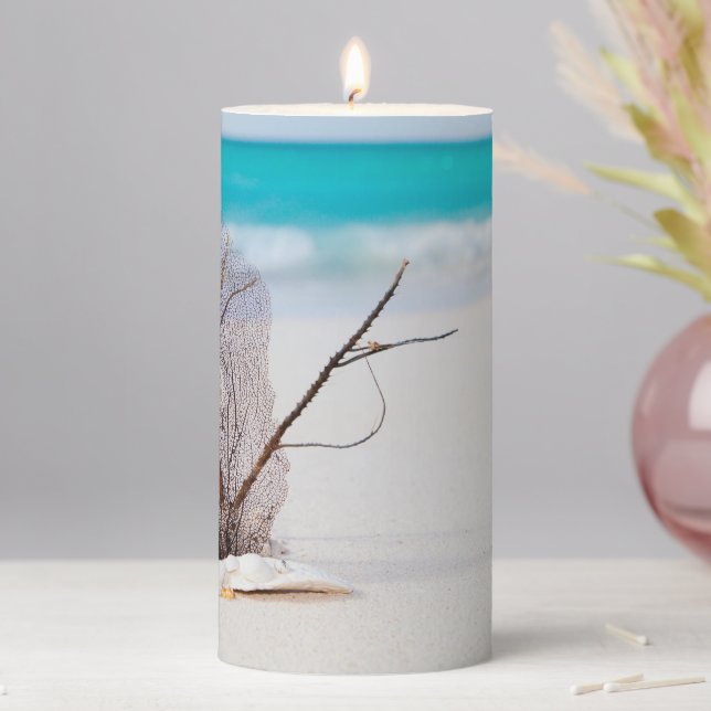 Sandy Beach with White Seashells Pillar Candle (In Situ)