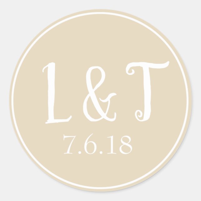 Sandy Beige Couple's Initals & Wedding Date Classic Round Sticker (Front)