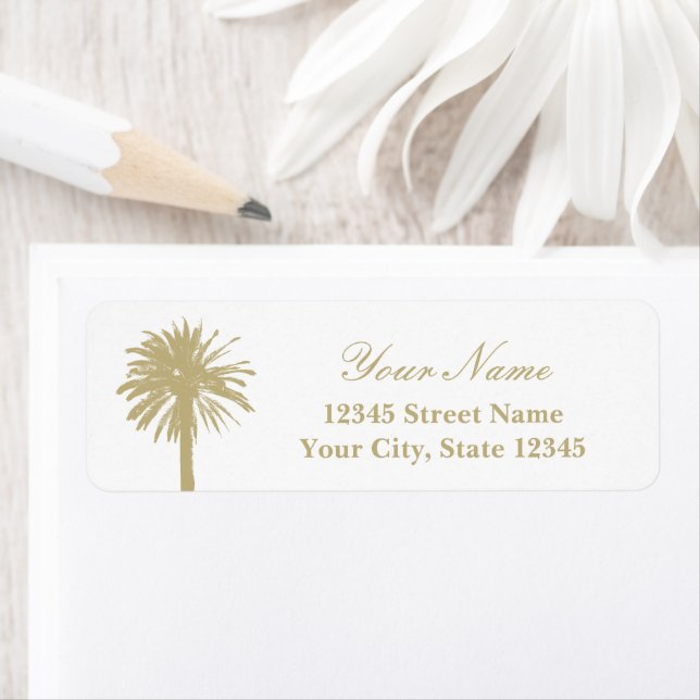 Sandy beige palm tree logo beach wedding address label (Insitu)