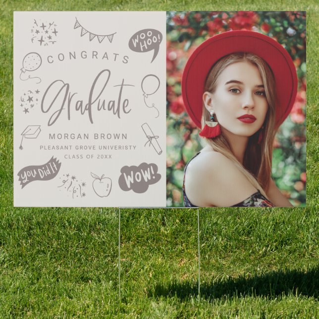 Sandy Beige Quirky Doodle Congrats Graduate Photo  Sign (Insitu)