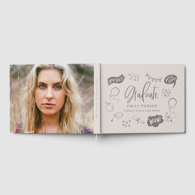 Sandy Beige Quirky Doodle Graduation Party Photo  Guest Book (Full)