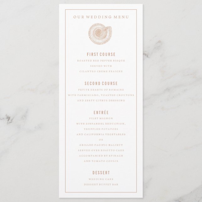 Sandy Beige Sea Shell Wedding Dinner Menu (Front)
