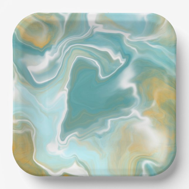 Sandy Brown Ocean Blue Marble Fluid Art  Paper Plates (Front)
