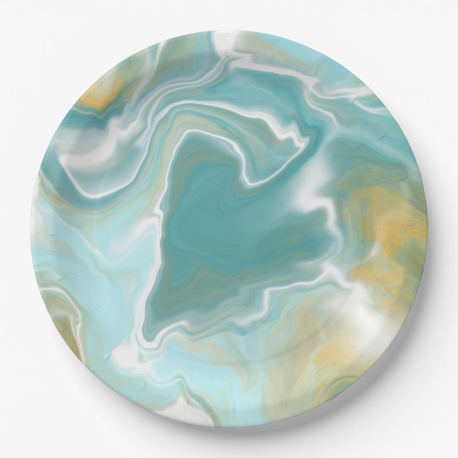 Sandy Brown Ocean Blue Marble Fluid Art Paper Plates (Front)