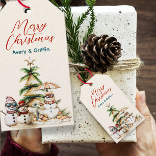 Sandy Christmas Tree Snowman Gathering Gift Tags