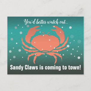Sandy Claws Christmas Crab Turquoise Holiday Postcard