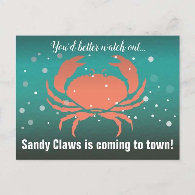 Sandy Claws Christmas Crab Turquoise Holiday Postcard (Front)