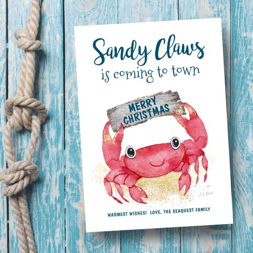 Sandy Claws Crab Warm Wishes Beach Christmas Holiday Card